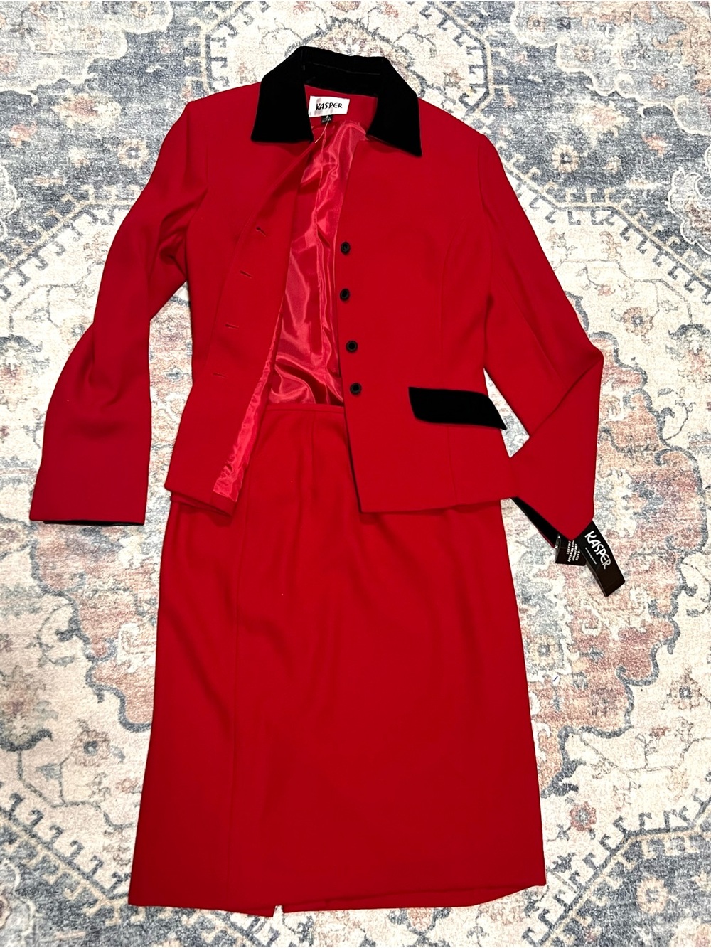 Kasper Red Two-Piece Skirt Suit with Black Velvet Collar and Pockets